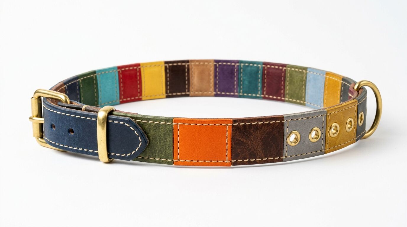 Ein Lederhalsband mit farbigen Segmenten und goldener Hardware