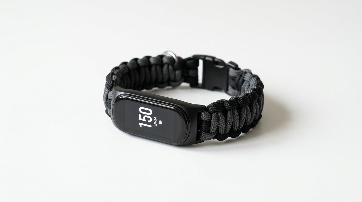 Ein Fitness-Tracker an einem schwarzen Paracord-Armband zeigt 150 BPM
