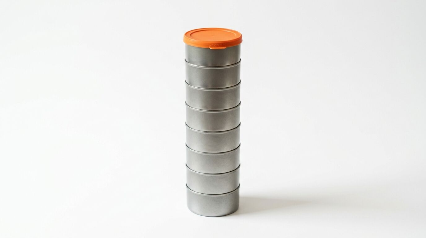Ein Stapel aus acht runden Metalldosen mit einem orangefarbenen Deckel oben, vor weißem Hintergrund