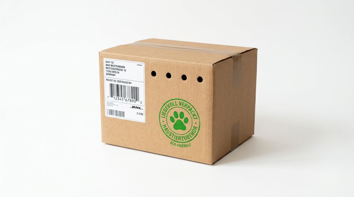 Ein Paket mit Versandetikett und grünem Pfotenabdruck vor weißem Hintergrund