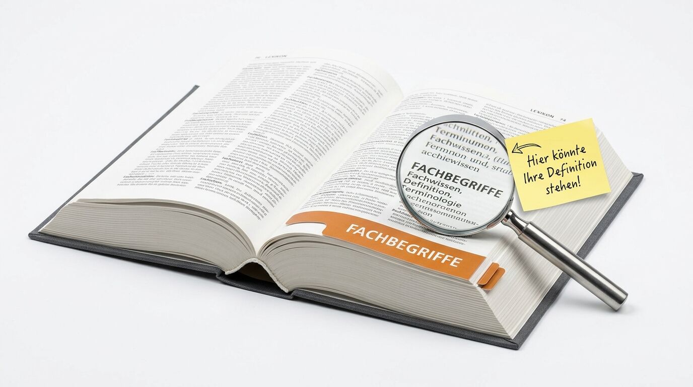 Aufgeschlagenes Lexikon mit Lupe über „FACHBEGRIFFE“ und Notizzettel „Hier könnte Ihre Definition stehen!“