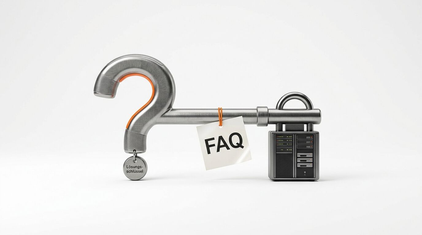 Kombination aus Fragezeichen, Schlüssel, FAQ-Zettel und Serverschrank auf weißem Grund