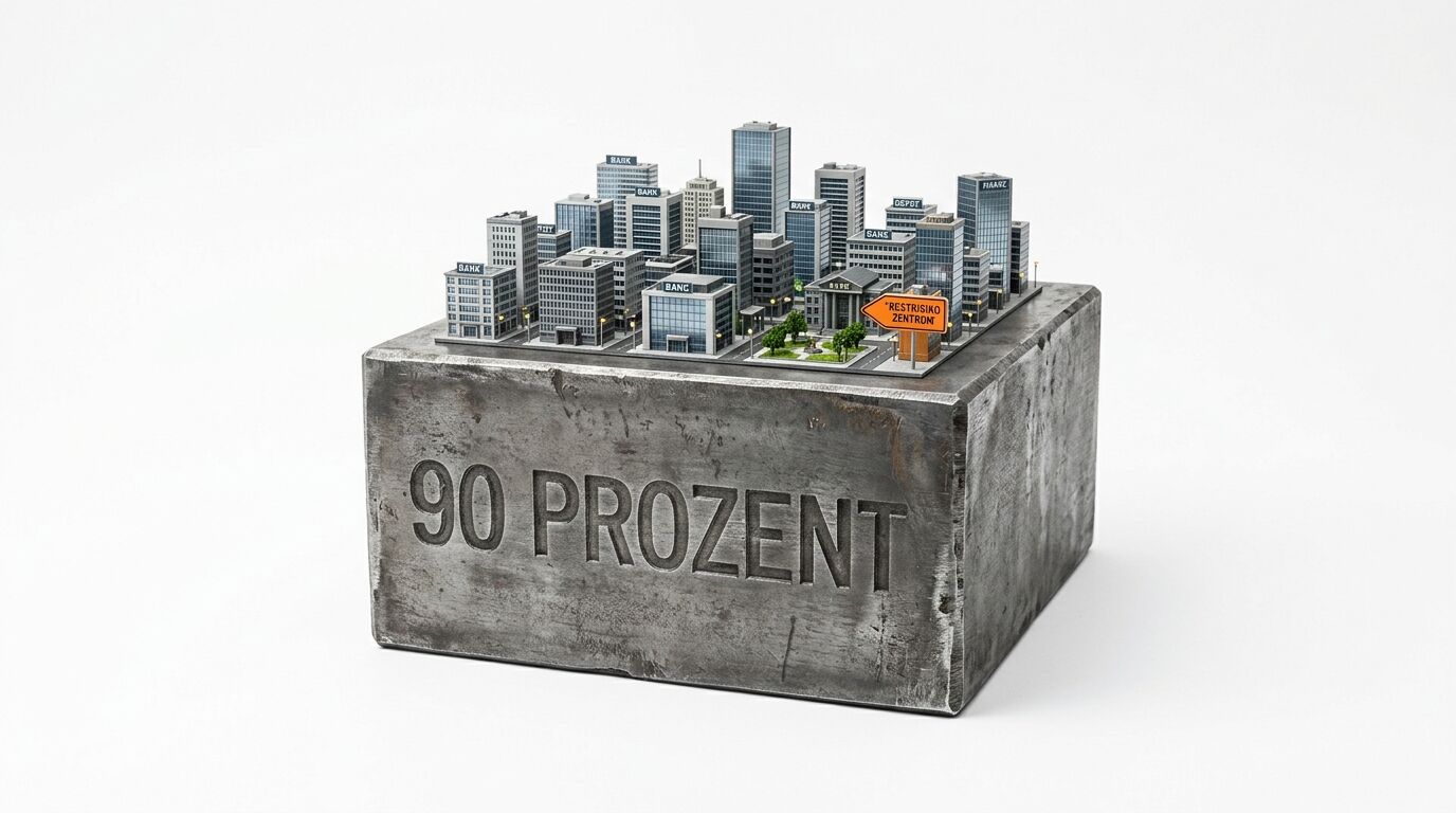 Metallblock mit Schriftzug „90 PROZENT“ und darauf befindlicher Modellstadt
