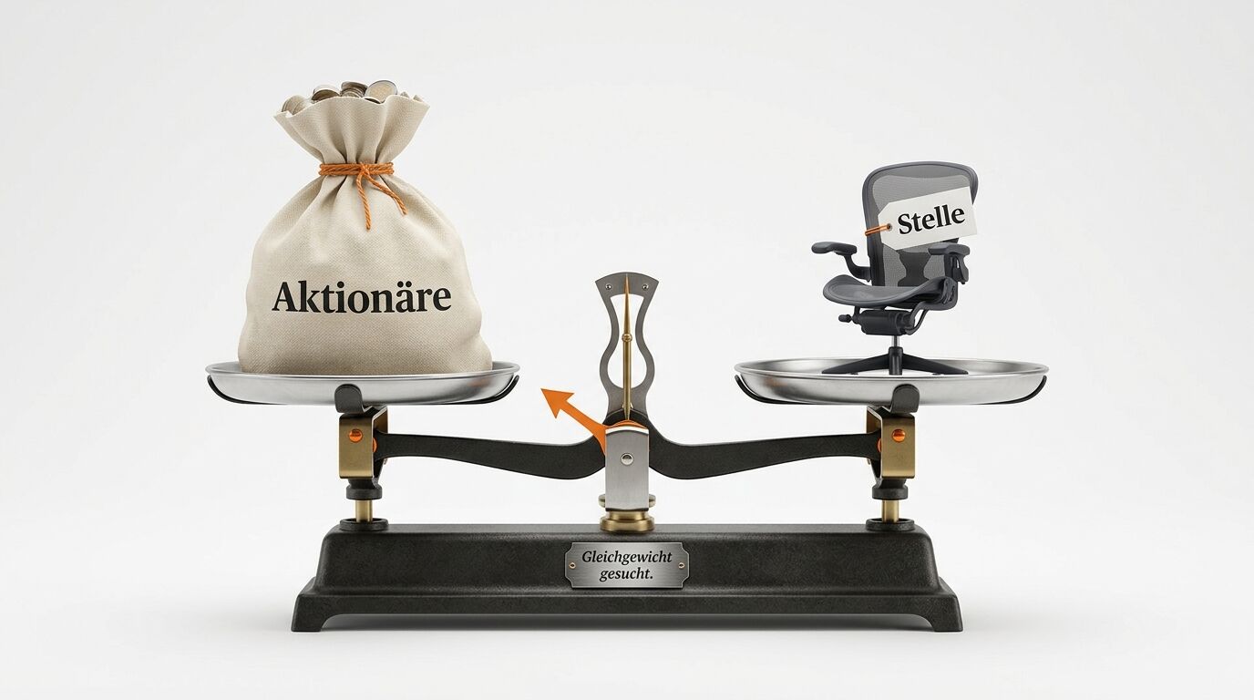 Waage mit Geldsack („Aktionäre“) und Bürostuhl („Stelle“), Aufschrift „Gleichgewicht gesucht.“