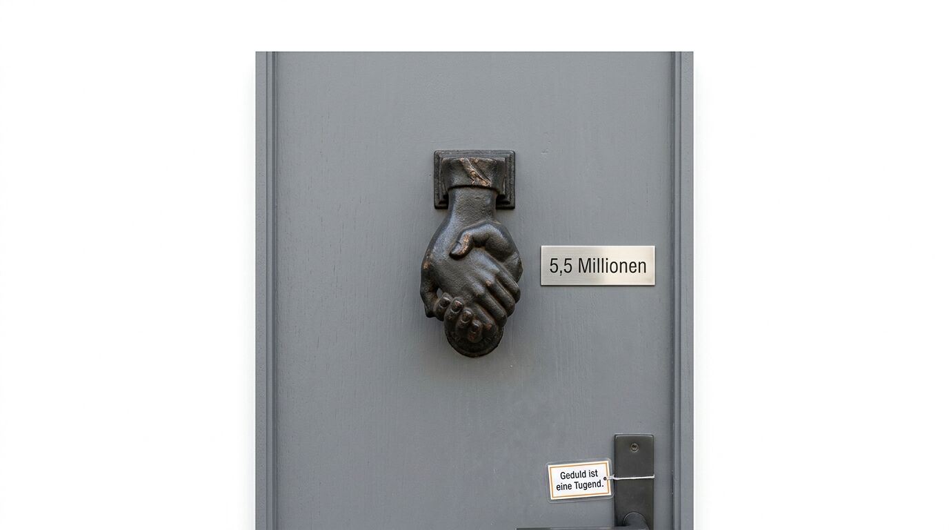 Graue Tür mit Händedruck-Klopfer, Schild „5,5 Millionen“ und Notiz