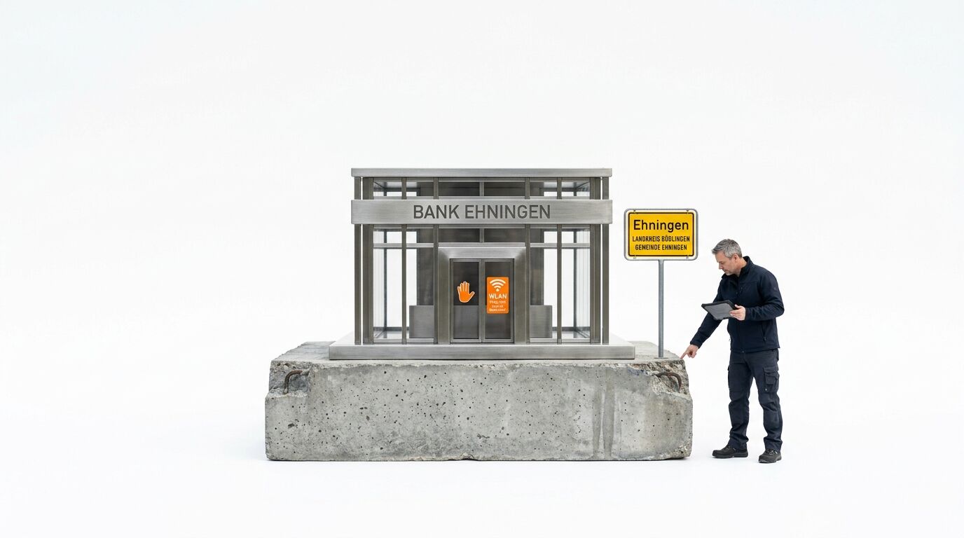 Modellbank auf Betonklotz, Ortsschild Ehningen, Mann mit Tablet davor, weißer Hintergrund