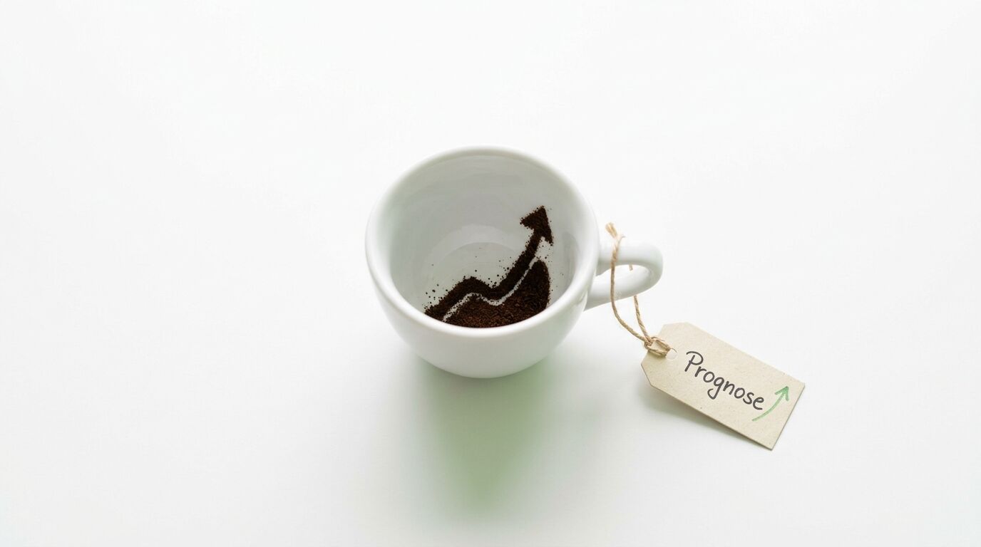 Tasse mit Kaffeesatz in Form eines Aufwärtstrends und Etikett „Prognose“ auf Weiß
