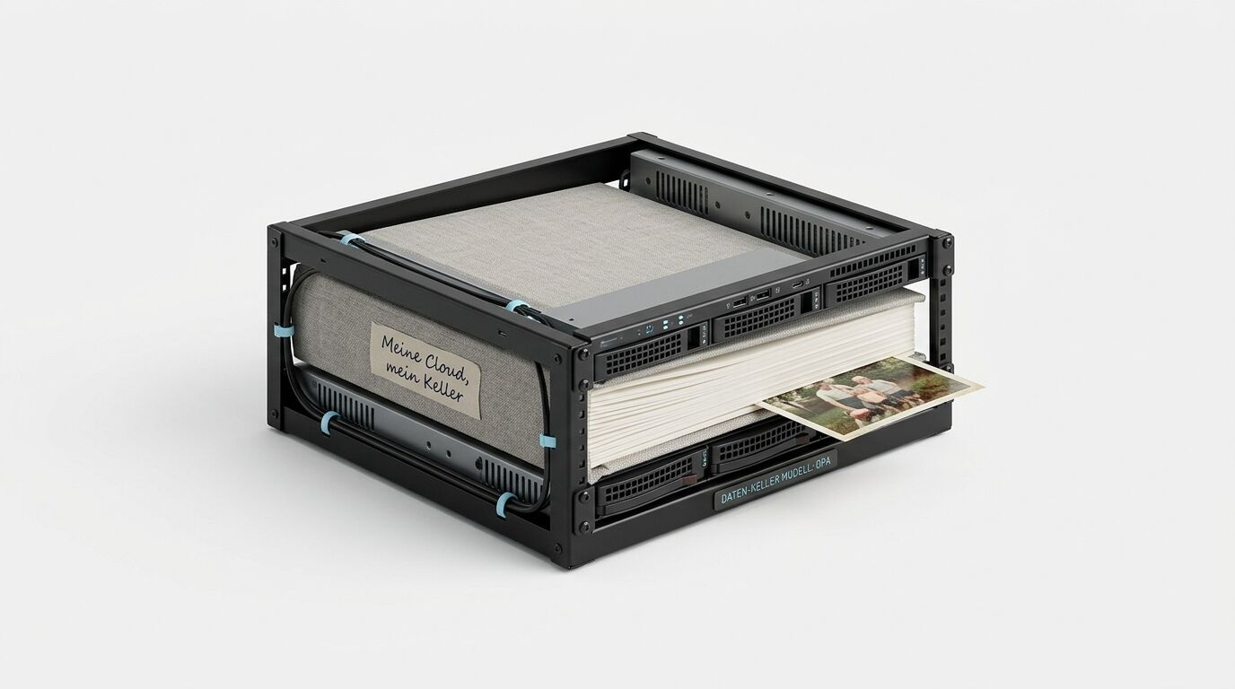 Schwarzes IT-Rack mit Servern, Leinenbuch („Meine Cloud, mein Keller“) und Fotoalbum