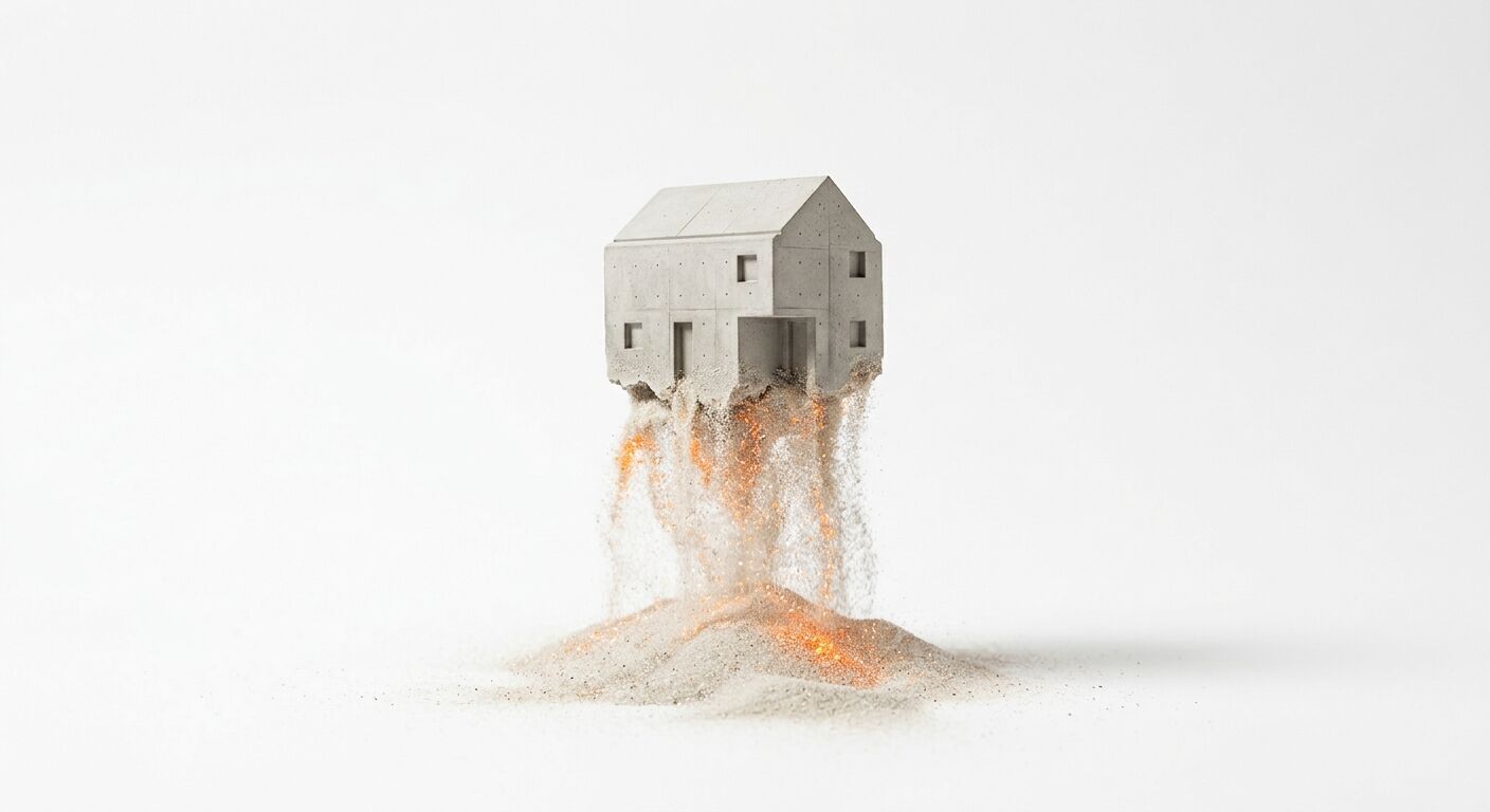Betonhaus zerfällt unten in Sand und leuchtende Partikel vor weißem Hintergrund