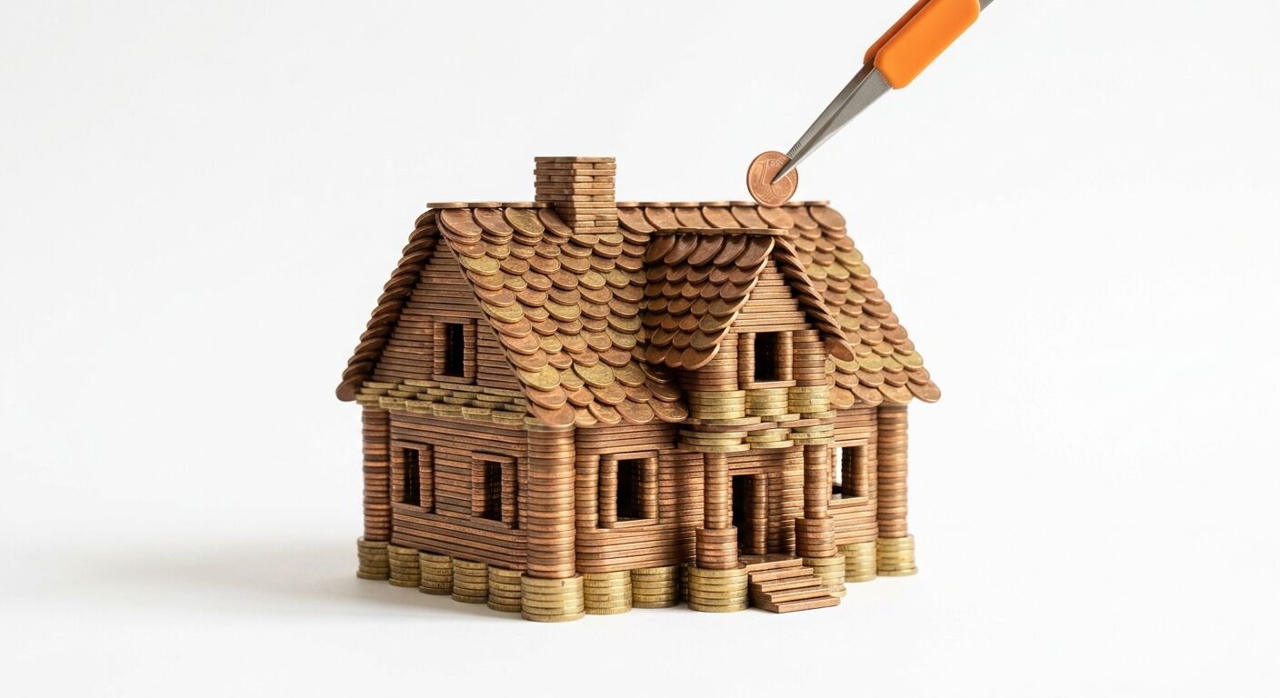 Modellhaus aus Kupfermünzen, Pinzette legt eine Münze auf das Dach