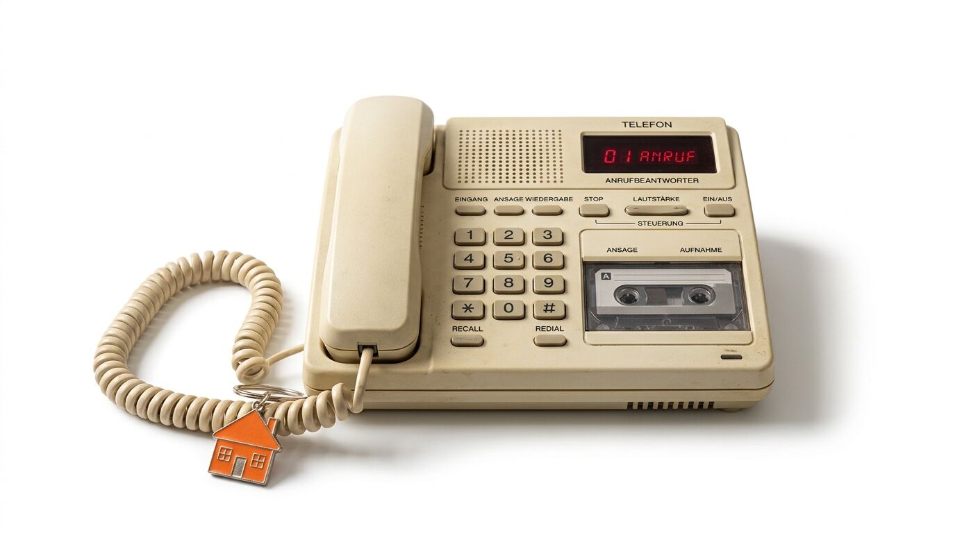 Ein beiges Telefon mit Kassetten-Anrufbeantworter und Haus-Anhänger am Kabel