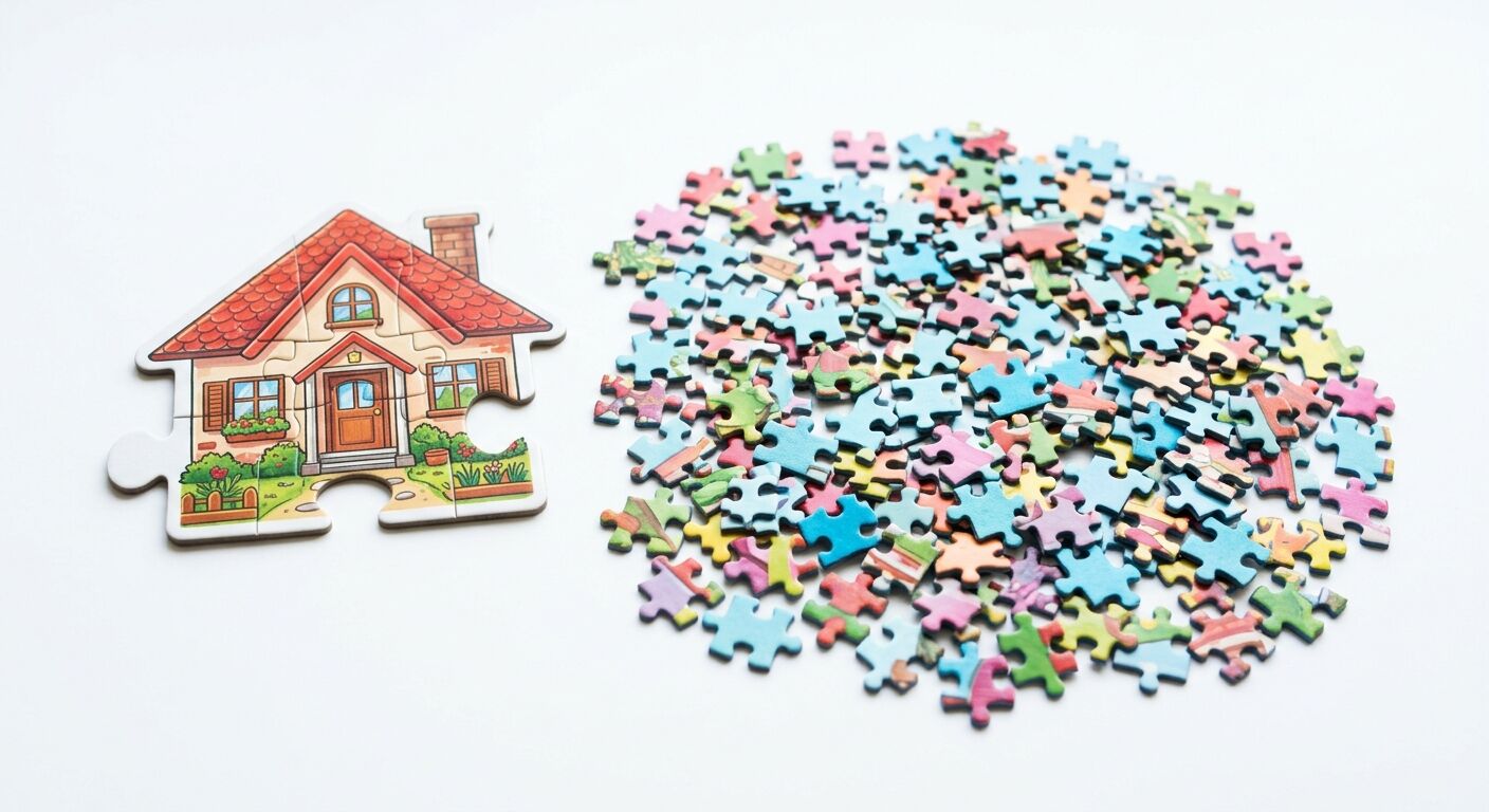Ein zusammengesetztes Hauspuzzle liegt links neben einem Haufen loser, bunter Puzzleteile auf weißem Grund