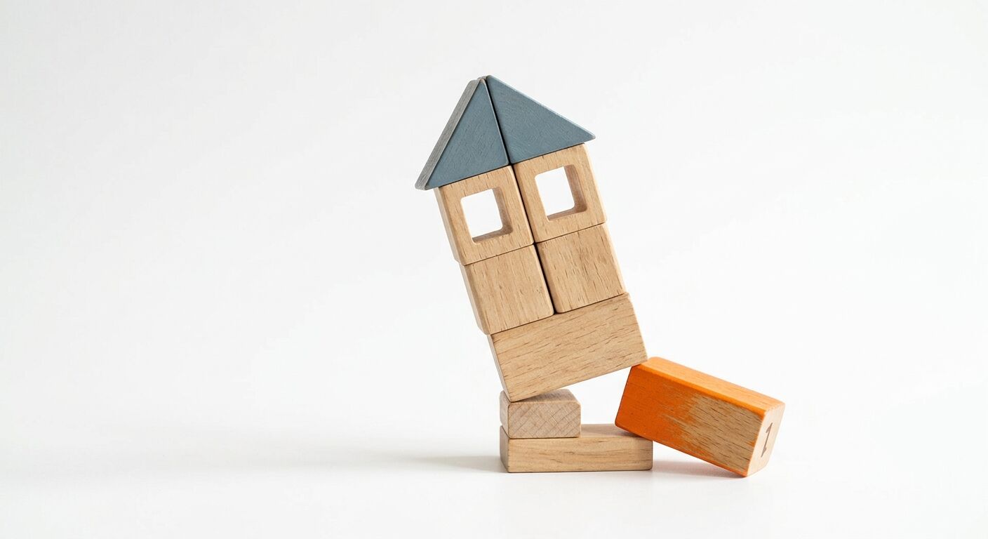 Ein schiefer Turm aus Holzklötzen in Hausform, der auf einer wackeligen Basis steht