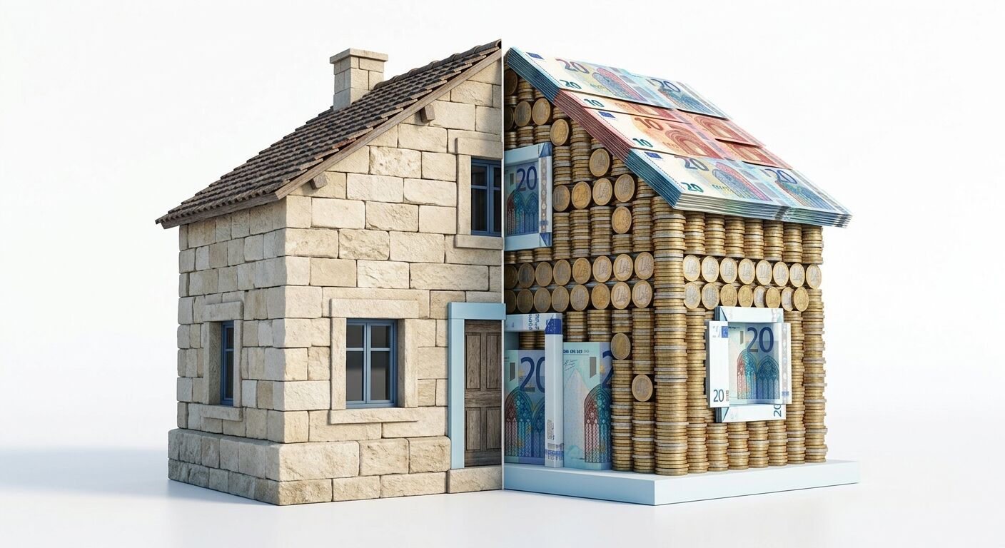 Modellhaus: Links Steinmauern und Ziegeldach, rechts stapelweise Münzen und Geldscheine