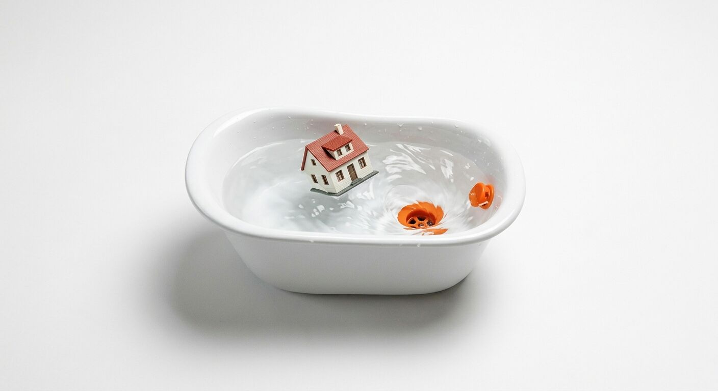 Miniaturhaus schwimmt im Wasserstrudel einer weissen Badewanne