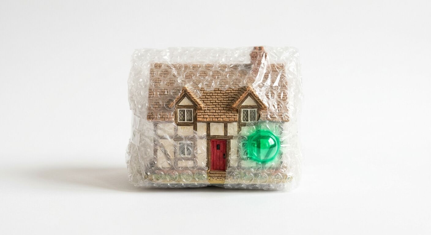 Ein in Luftpolsterfolie eingepacktes Modellhaus mit einer grünen Blase auf der rechten Seite
