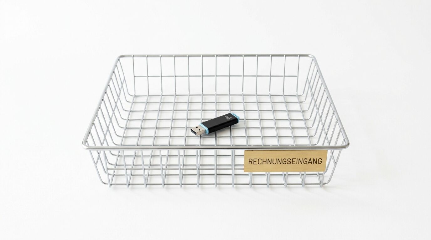 Silberner Drahtkorb mit USB-Stick und Holzschild