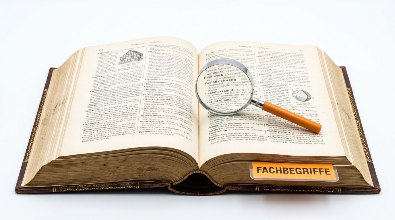 Aufgeschlagenes Lexikon mit Lupe und Lesezeichen mit der Aufschrift „FACHBEGRIFFE“