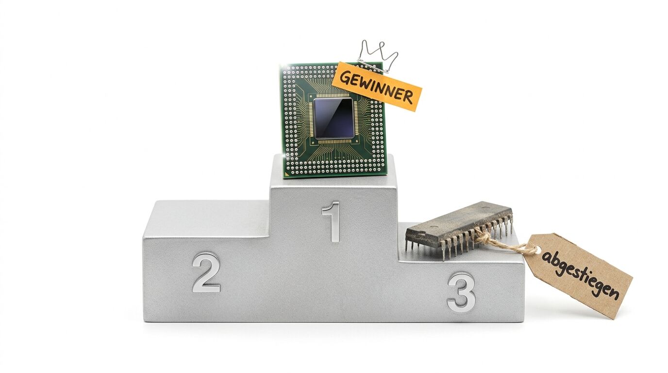 Ein Prozessor mit „GEWINNER“-Schild auf Platz 1 und ein IC-Chip mit „abgestiegen“ auf Platz 3