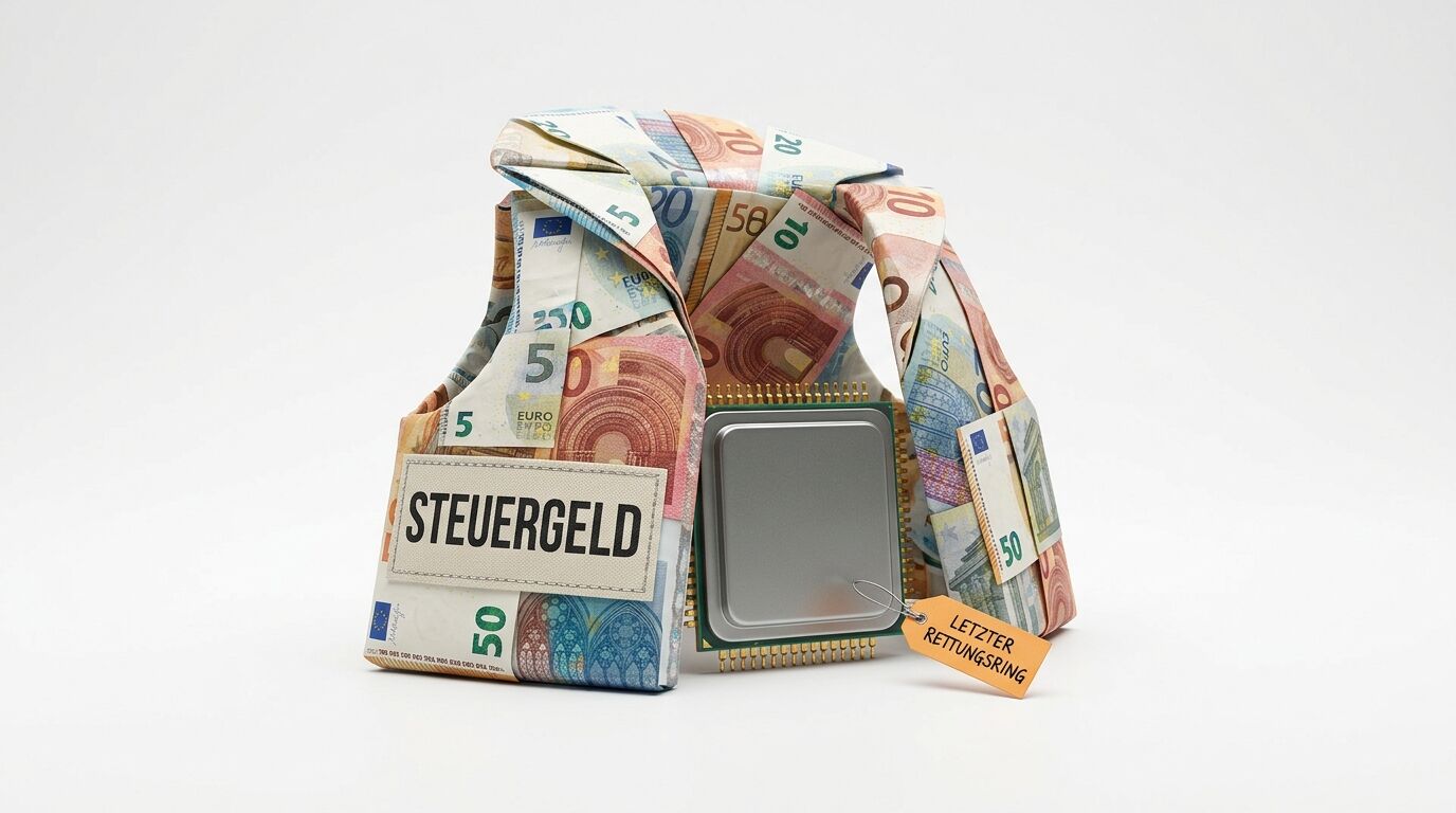 Weste aus Geldscheinen umfängt Chip, beschriftet mit „STEUERGELD“ und „LETZTER RETTUNGSRING“