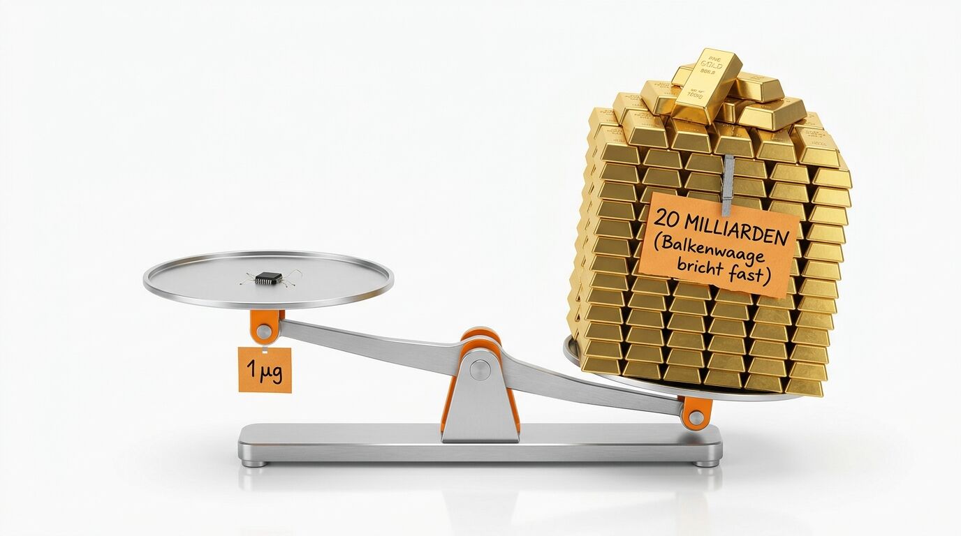 Waage mit 1µg-Chip vs. Goldbarren-Stapel und Hinweisschild „20 MILLIARDEN (...)“