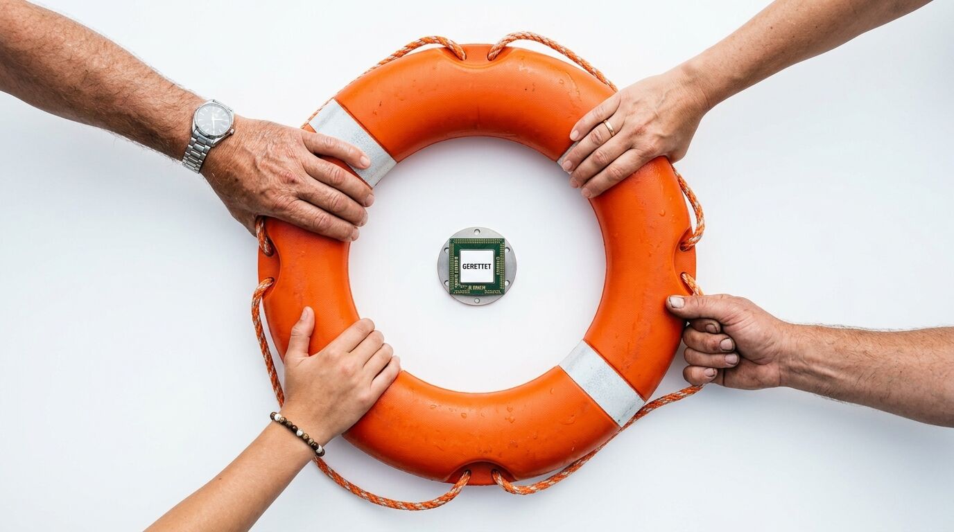 Vier Hände halten Rettungsring um Mikrochip mit Aufschrift „GERETTET“