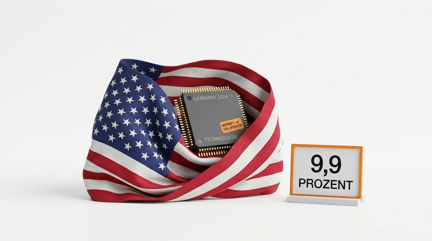 Ein deutscher Mikrochip in einer US-Flagge und ein Aufsteller mit „9,9 PROZENT“