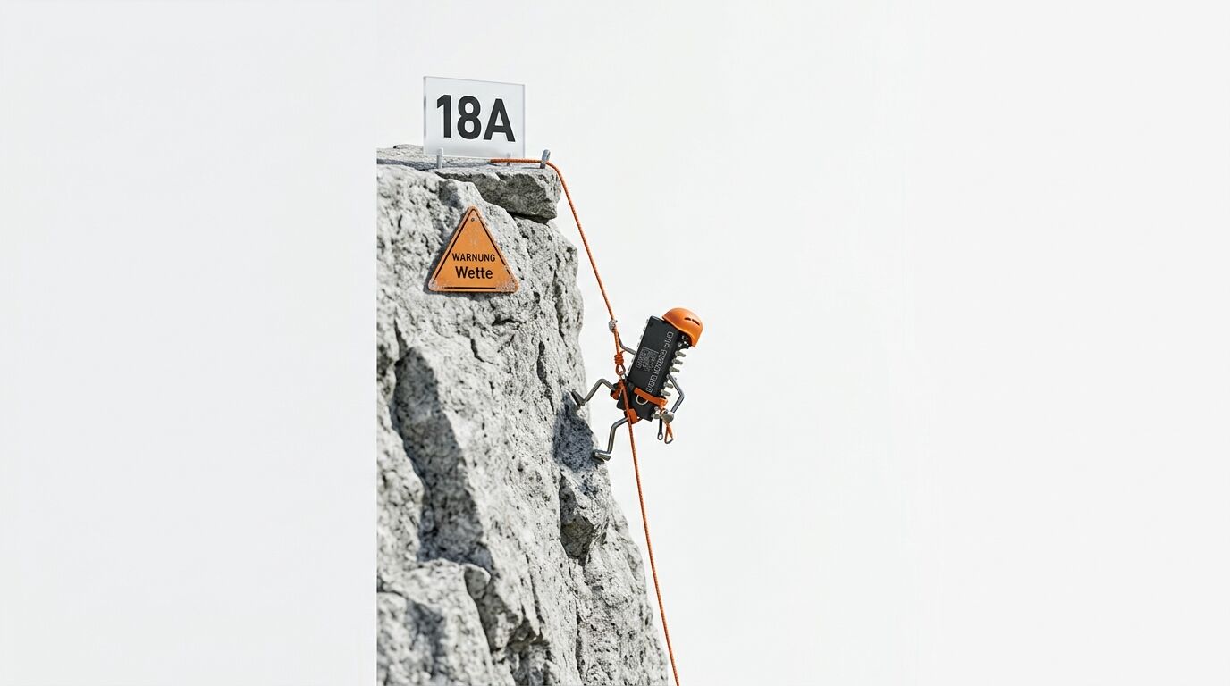 Bild eines roboterartigen Kletterers an einer Felswand mit orangefarbenem Seil und Helm
