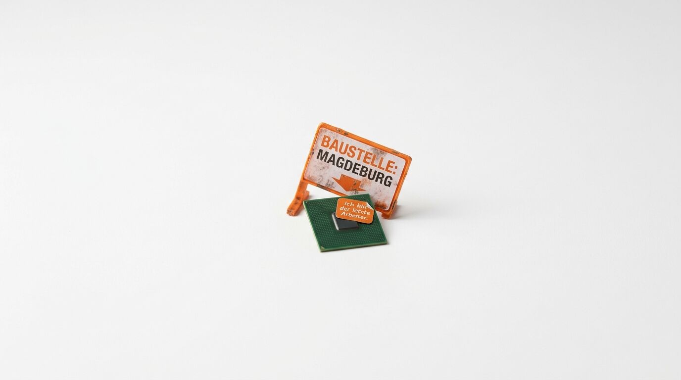 Zwei Miniaturobjekte auf weißem Grund: ein verwittertes Baustellenschild mit der Aufschrift BAUSTELLE: MAGDEBURG und ein grüner Prozessorsockel mit einer Aufschrift