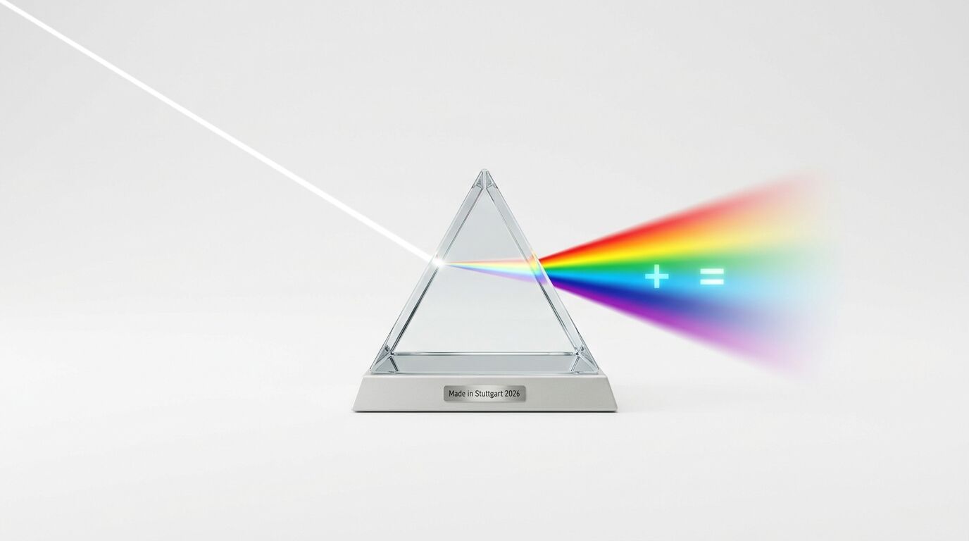 Lichtprisma zerlegt Licht in Farbspektrum mit '+=' Symbolen; Plakette 'Made in Stuttgart 2026'