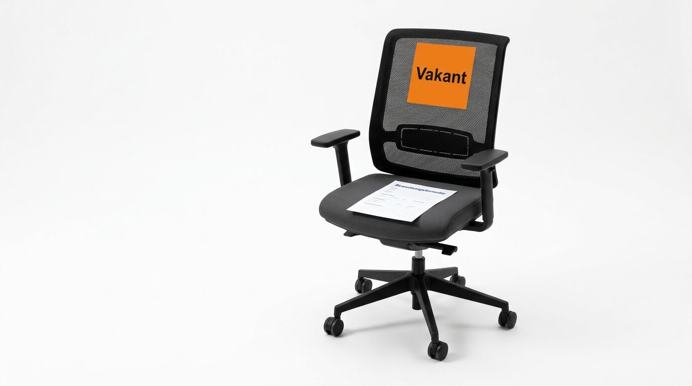 Bürostuhl mit „Vakant“-Schild und Bewerbungsbogen vor weißem Hintergrund