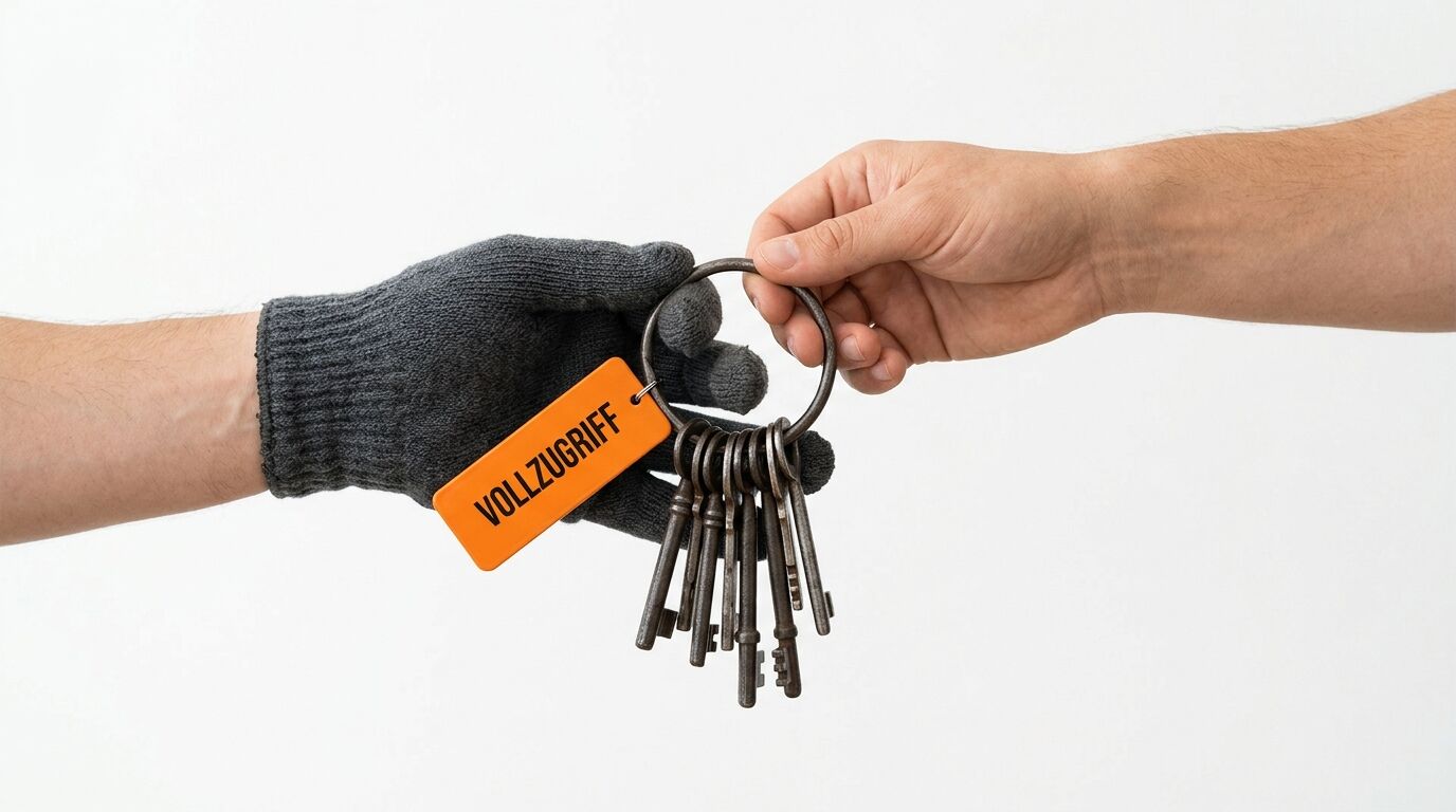 Eine behandschuhte Hand übergibt einen Schlüsselbund mit dem Anhänger