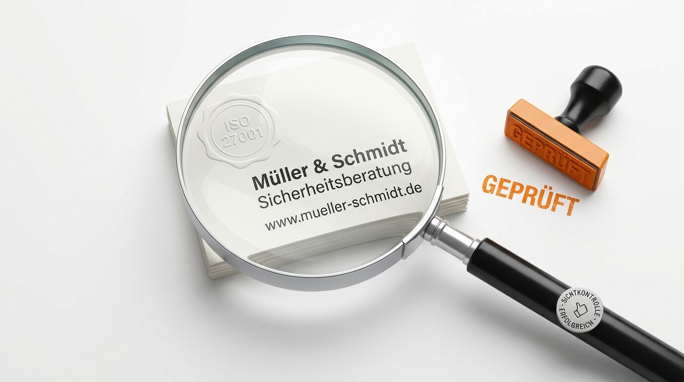 Lupe, Visitenkarten, ISO-Prägung, Stempel und Stempelabdruck „GEPRÜFT“