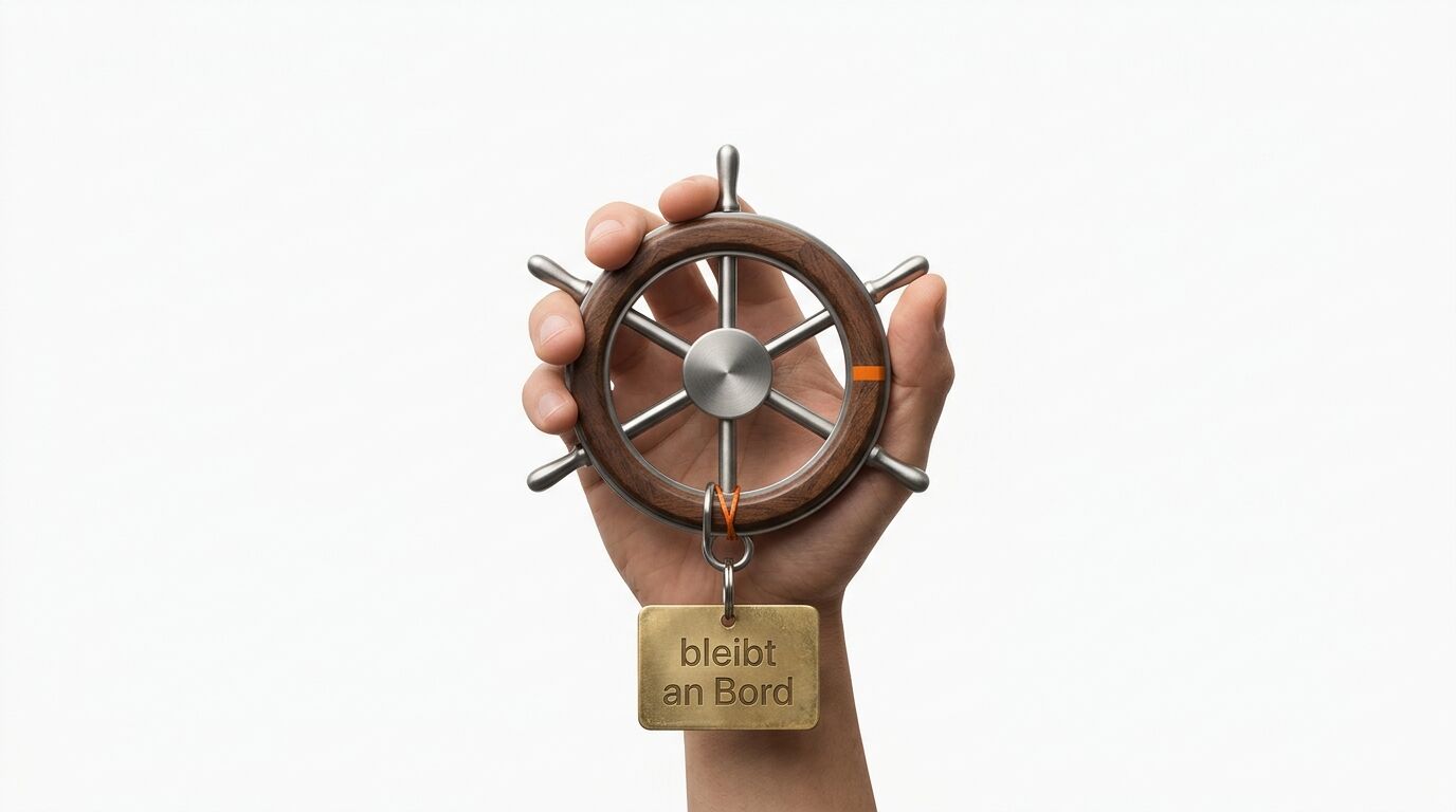 Hand hält Holzsteuerrad mit Messingschild, graviert „bleibt an Bord“