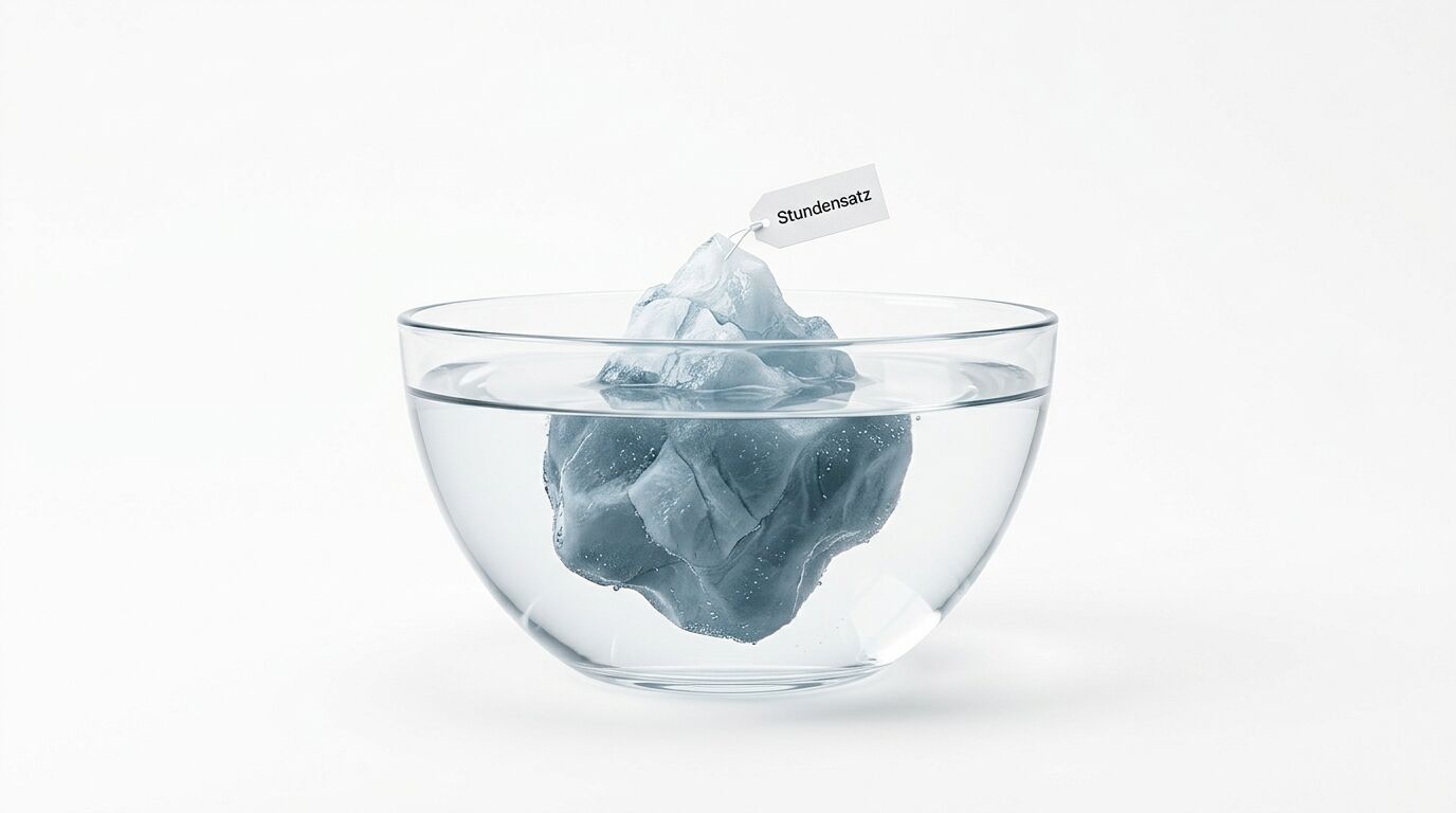Ein Eisberg in einer Wasserschale mit Etikett „Stundensatz“ auf weißem Grund