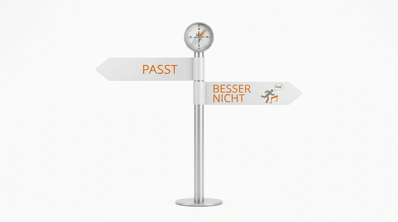 Wegweiser auf weißem Hintergrund mit Kompass und den Aufschriften PASST und BESSER NICHT