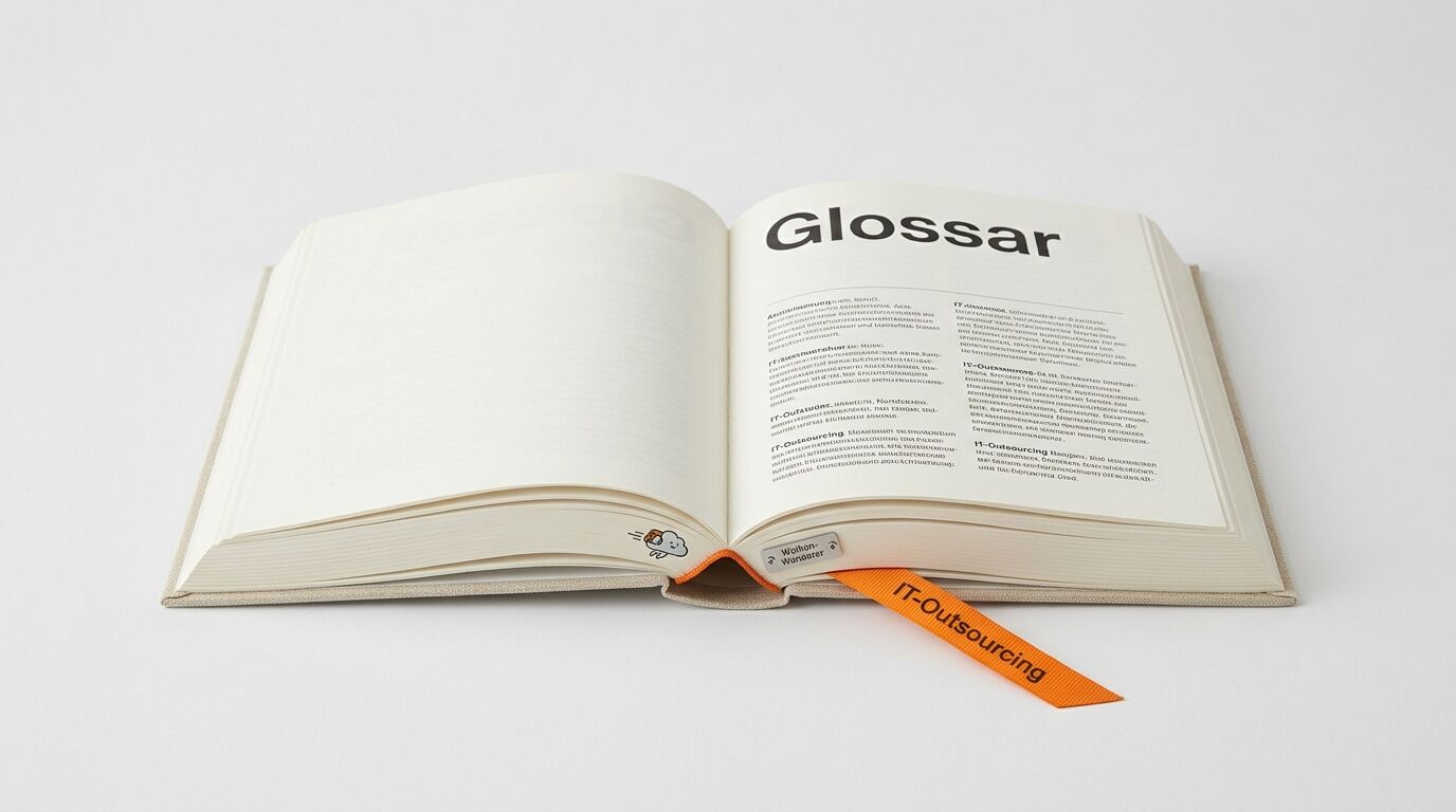 Geöffnetes Glossar-Buch mit orangefarbenem Leseband-Tag auf weißem Grund