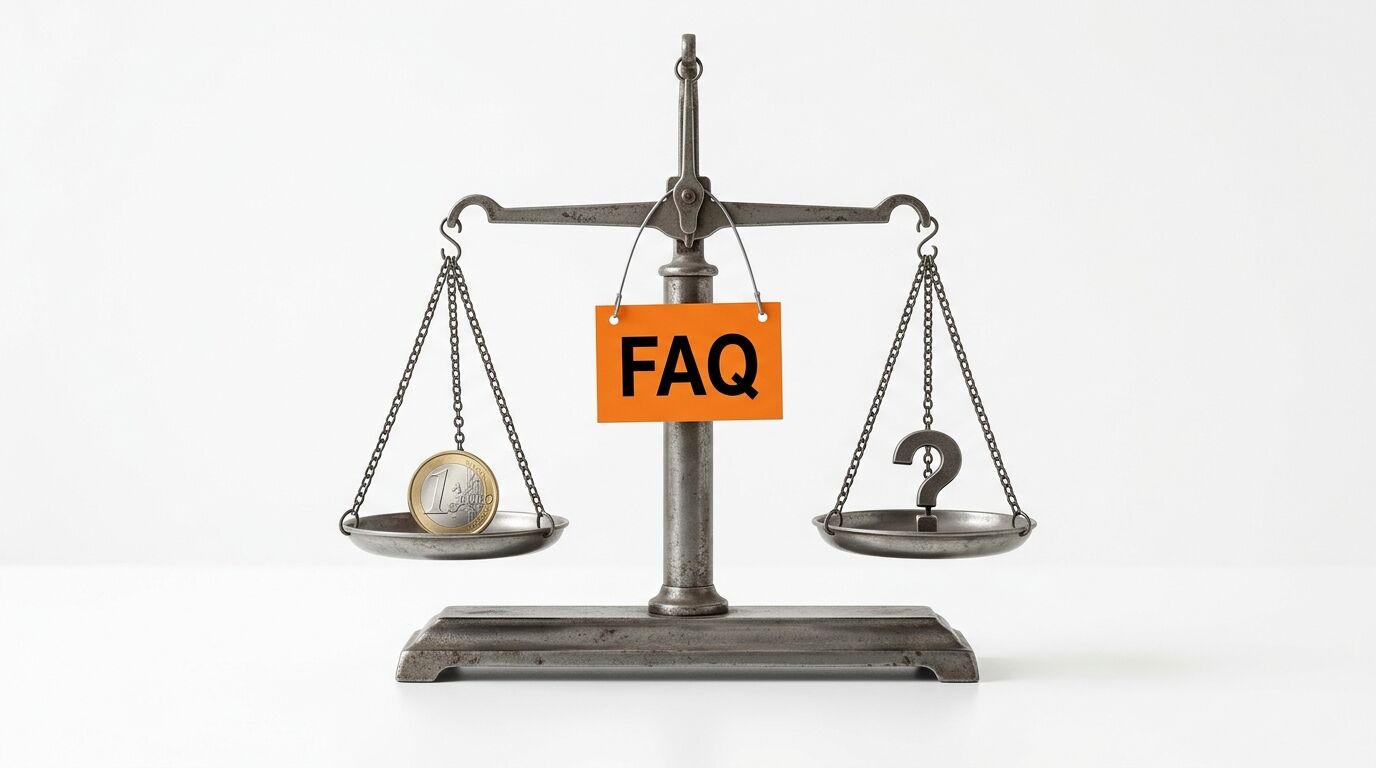 Waage mit Euro-Münze, Fragezeichen und orangefarbenem FAQ-Schild auf weißem Grund
