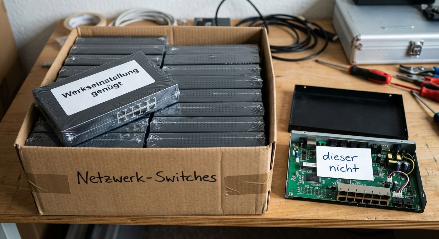Karton mit Netzwerk-Switches und ein offener Switch mit der Notiz „dieser nicht“