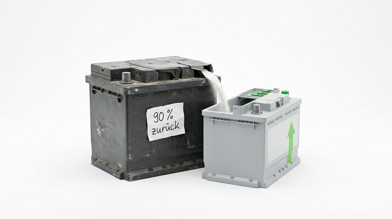 Pulver rieselt von einer alten in eine neue Autobatterie; Text: