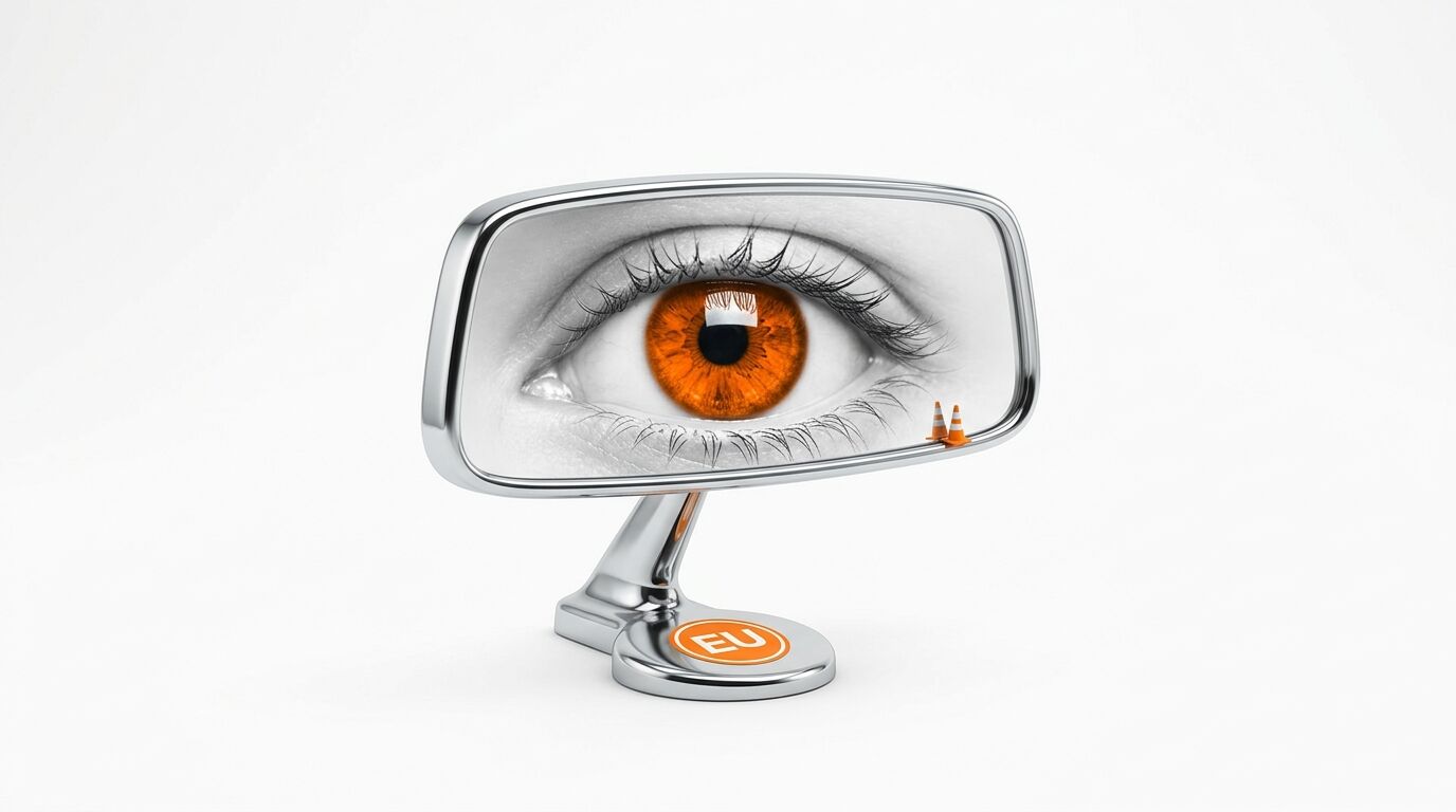 Rückspiegel auf Ständer mit Auge, Leitkegeln und EU-Logo