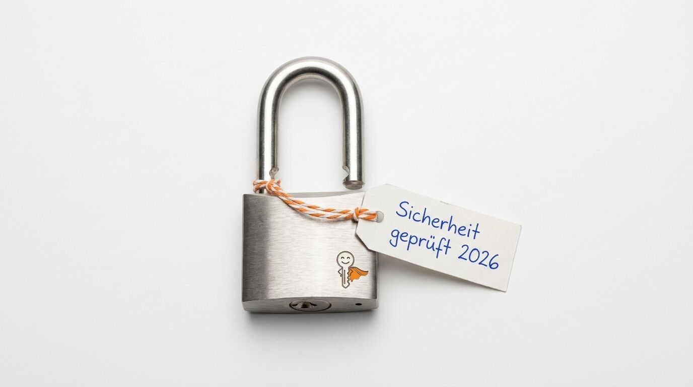 Ein offenes Vorhängeschloss mit einem Anhänger „Sicherheit geprüft 2026“ liegt vor weißem Hintergrund