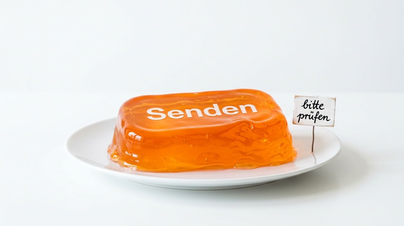 Oranger Wackelpudding auf Teller mit Schriftzug
