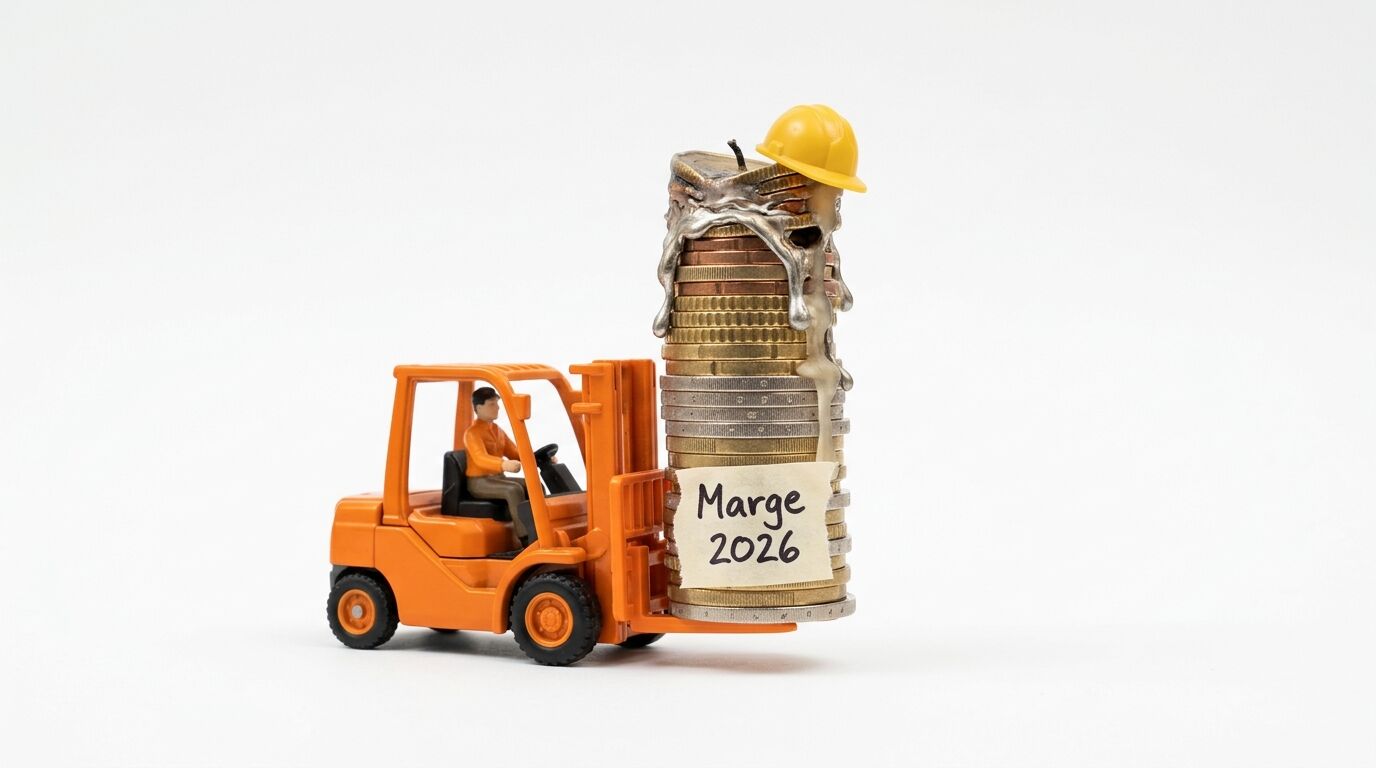 Spielzeugstapler trägt brennende Münzen mit Notiz: Marge 2026