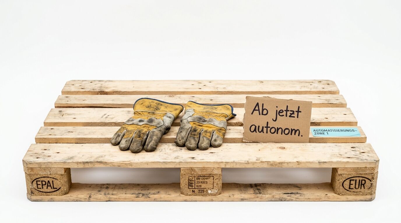 Eine EPAL-Palette mit Arbeitshandschuhen und einem Schild mit der Aufschrift „Ab jetzt autonom.“