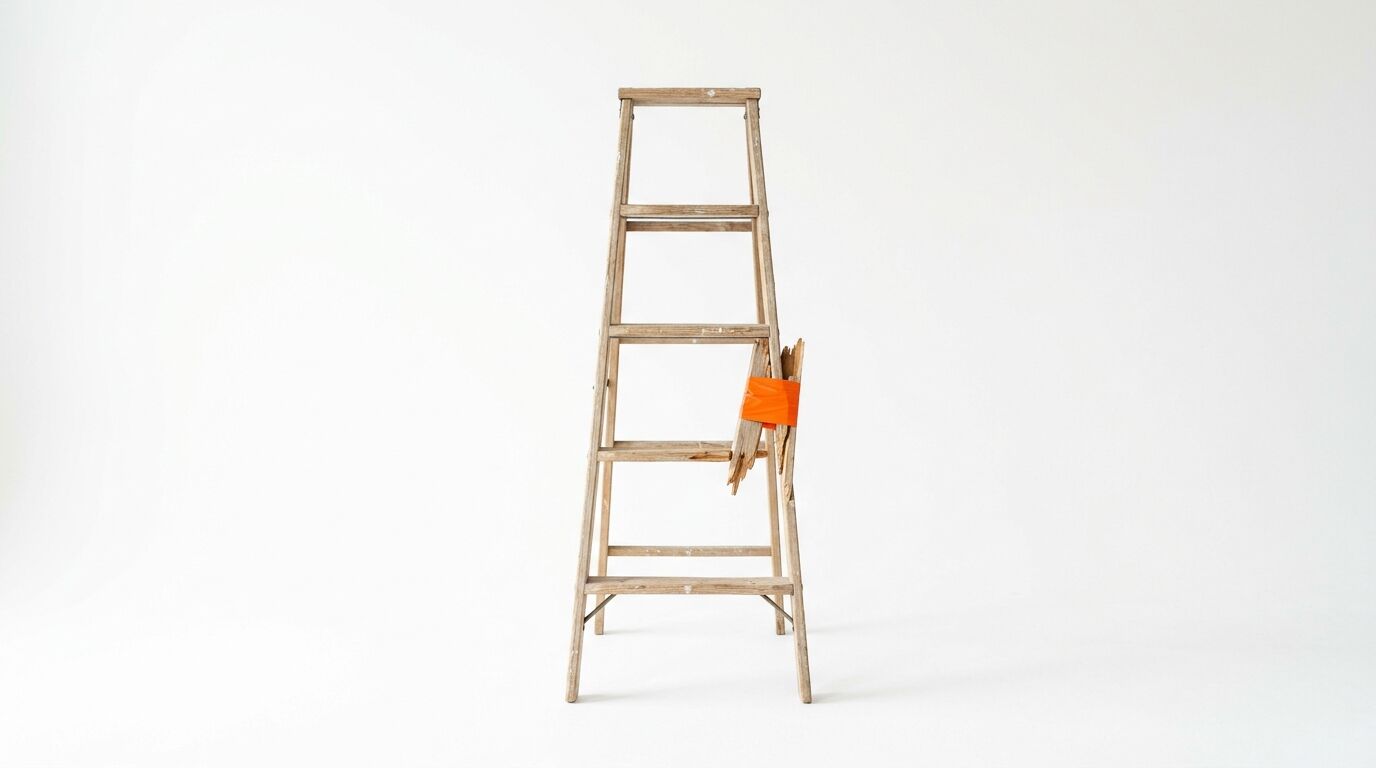 Alte Holzleiter mit kaputter Sprosse, die mit orangem Klebeband umwickelt ist, vor weißem Grund