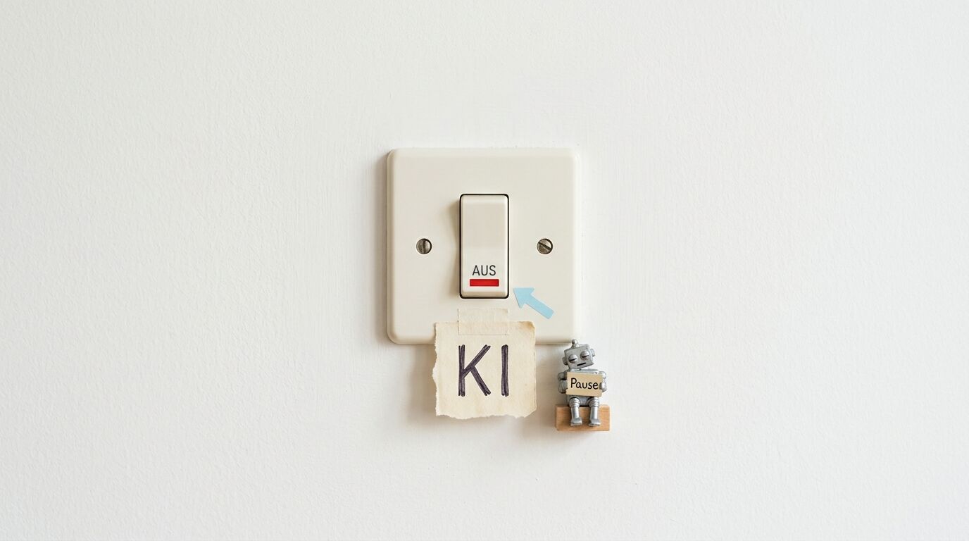 Ein ausgeschalteter Lichtschalter an einer Wand mit der Beschriftung „AUS“ und ein Schild mit dem Text „Kl“ darunter