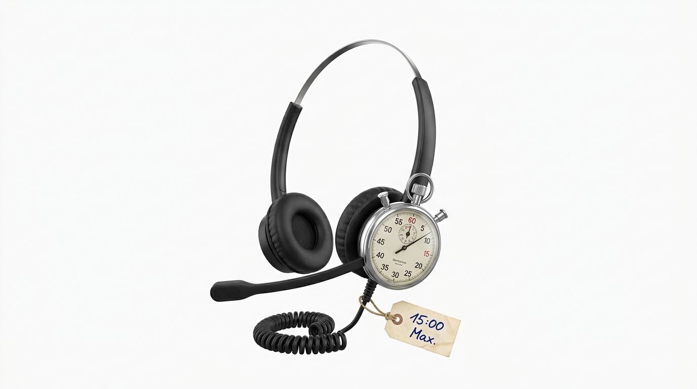 Ein schwarzes Headset mit Stoppuhr und einem Etikett „15:00 Max.“ vor weißem Hintergrund