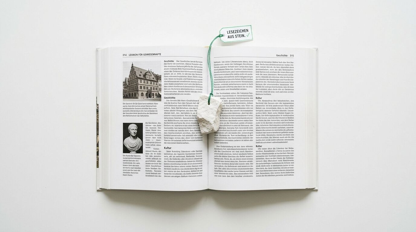 Geöffnetes Buch mit einem Lesezeichen aus Stein