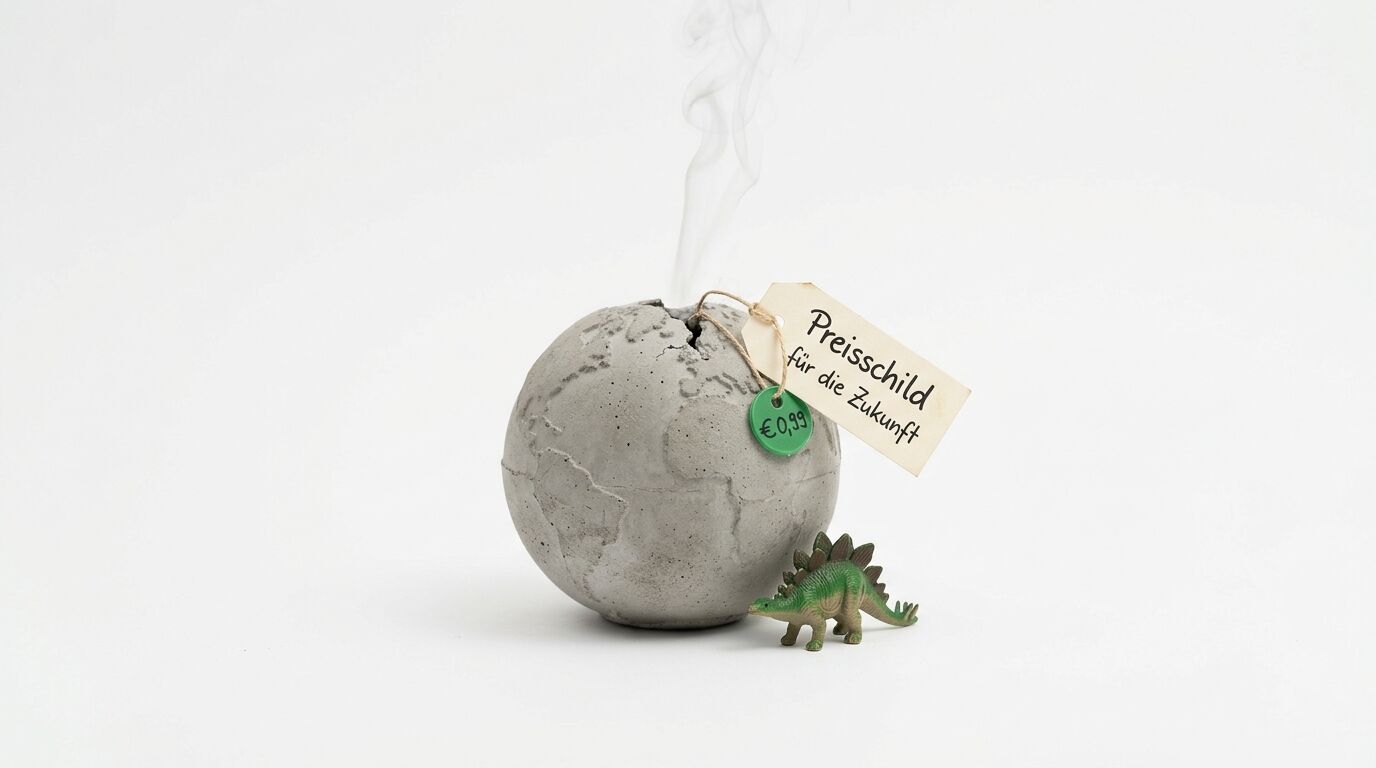 Rauchende Betonkugel, Dino-Spielfigur, Preisschild mit Text und 0,99 €-Markierung auf Weiß